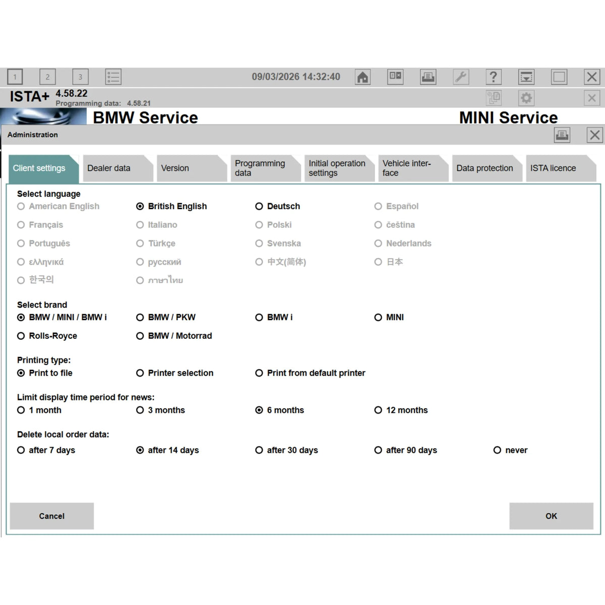 ISTA+ 4.58.22 language settings interface BMW diagnostic software ISTA D for BMW MINI Rolls-Royce vehicles