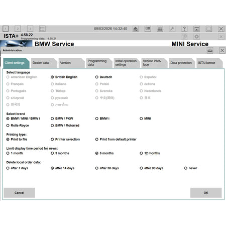 ISTA+ 4.58.22 language settings interface BMW diagnostic software ISTA D for BMW MINI Rolls-Royce vehicles