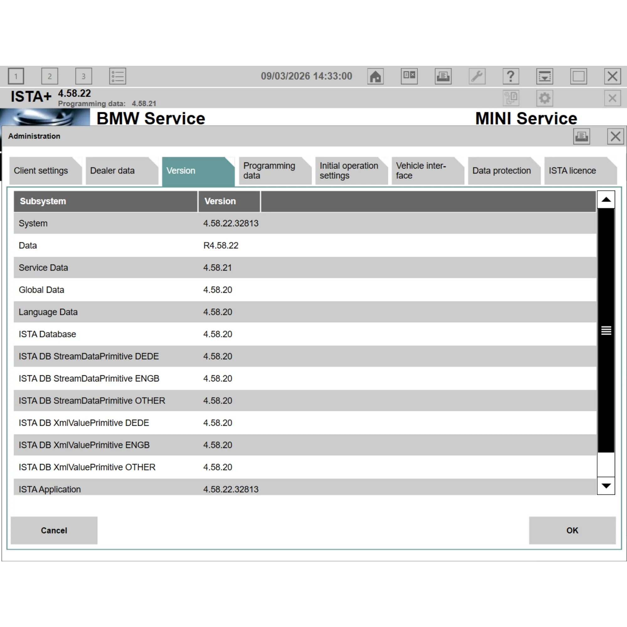 ISTA+ 4.58.22 version information screen BMW diagnostic software ISTA D for BMW MINI and Rolls-Royce vehicles