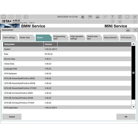 ISTA+ 4.58.22 version information screen BMW diagnostic software ISTA D for BMW MINI and Rolls-Royce vehicles