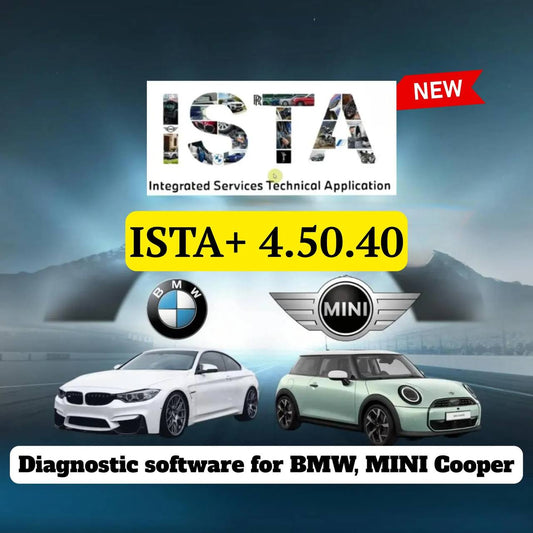 ISTA 4.50.40 software for BMW diagnostic tool showing BMW and MINI Cooper cars with logos