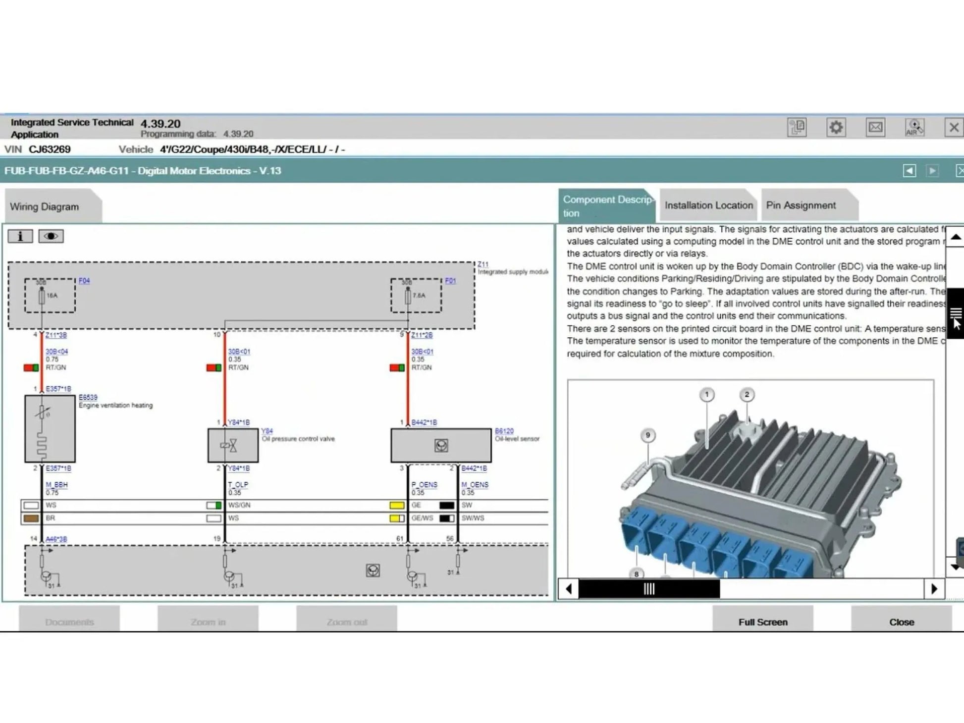 ISTA+ 4.39.20 BMW diagnostic software interface showing wiring diagram and component description