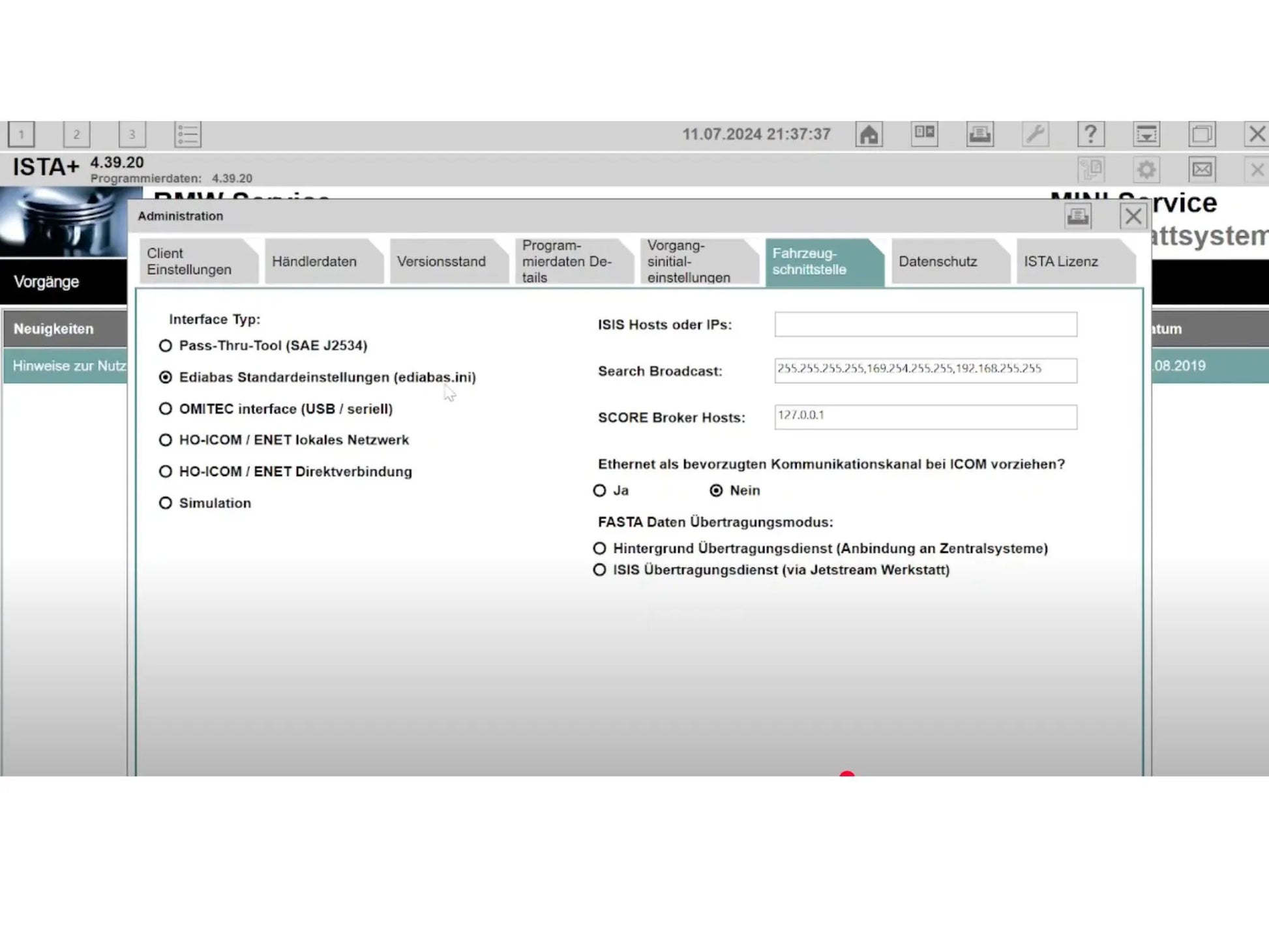 ISTA 4.39.20 BMW diagnostic software by ProDiagTools showing automotive diagnostic interface settings