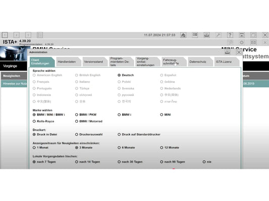 ProDiagTools ISTA 4.39.20 BMW diagnostic software interface showing language and brand selection settings