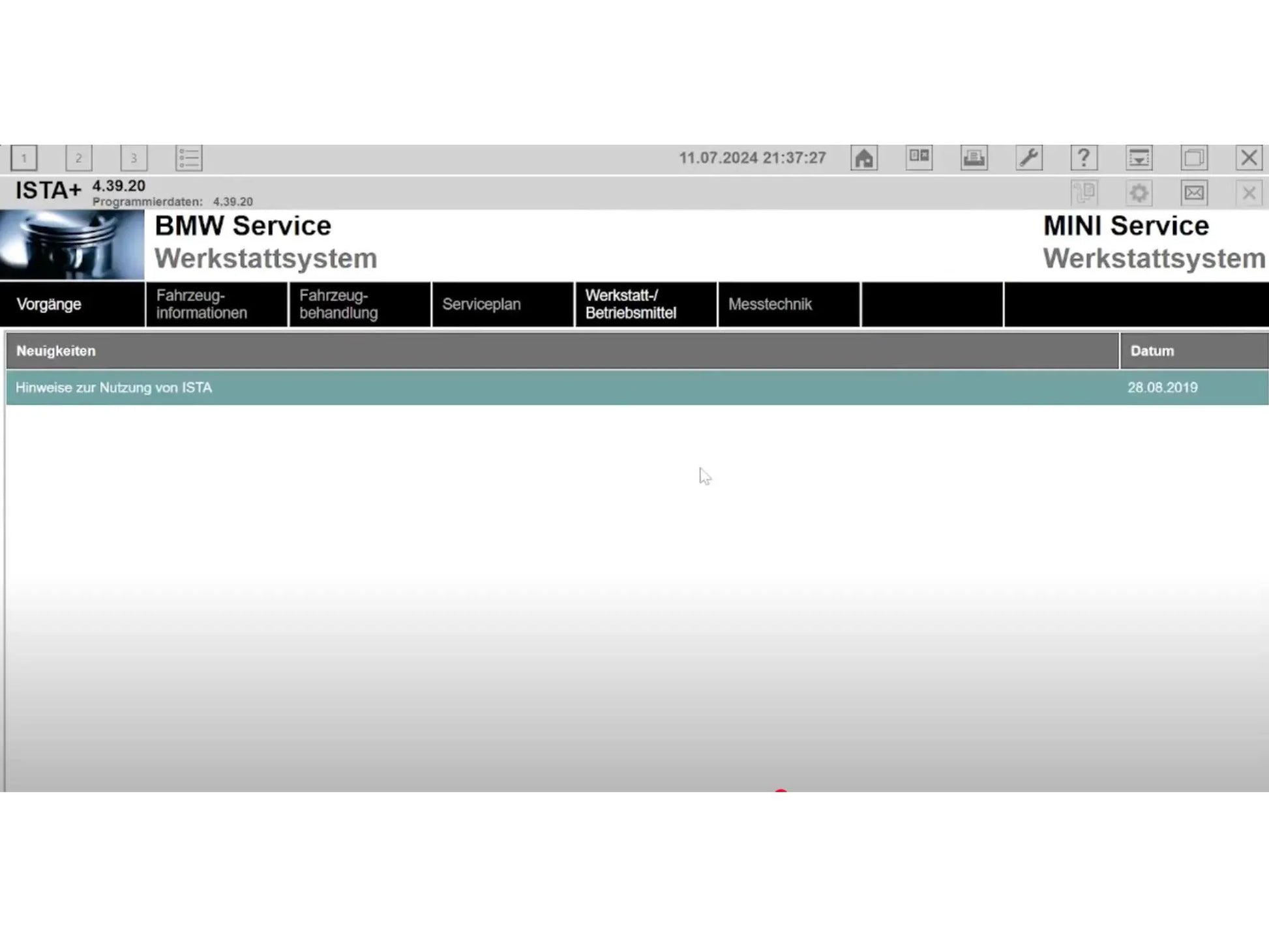 ProDiagTools ISTA+ 4.39.20 BMW diagnostic software interface showing BMW and MINI service workshop system