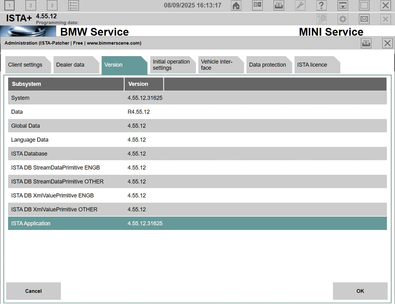 ISTA+ 4.55.12 BMW MINI diagnostic software interface displaying version details and subsystem information