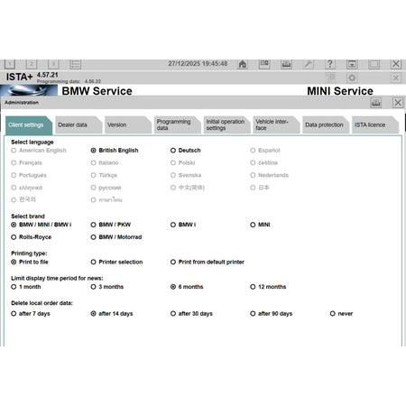 ProDiagTools ISTA+ 4.57.21 automotive diagnostic software interface showing language and brand selection for BMW and MINI service