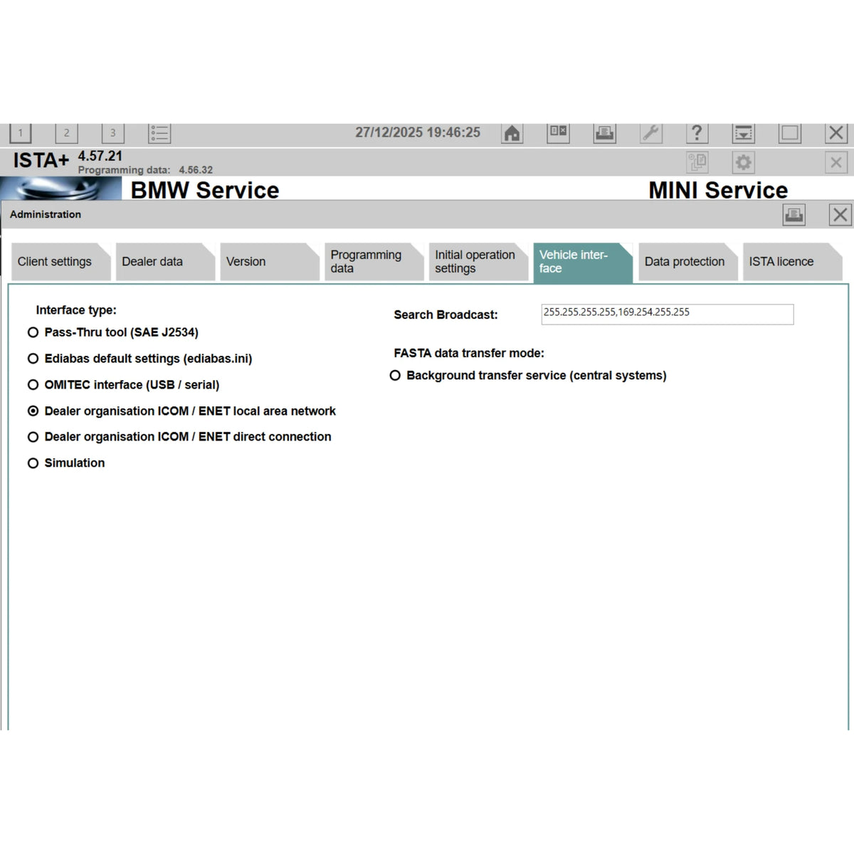 ProDiagTools ISTA+ 4.57.21 automotive diagnostic software interface for BMW and MINI service settings