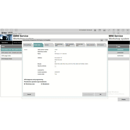 Screenshot of ProDiagTools ISTA+ Rheingold 4.56.30 automotive diagnostic software interface for BMW and MINI service