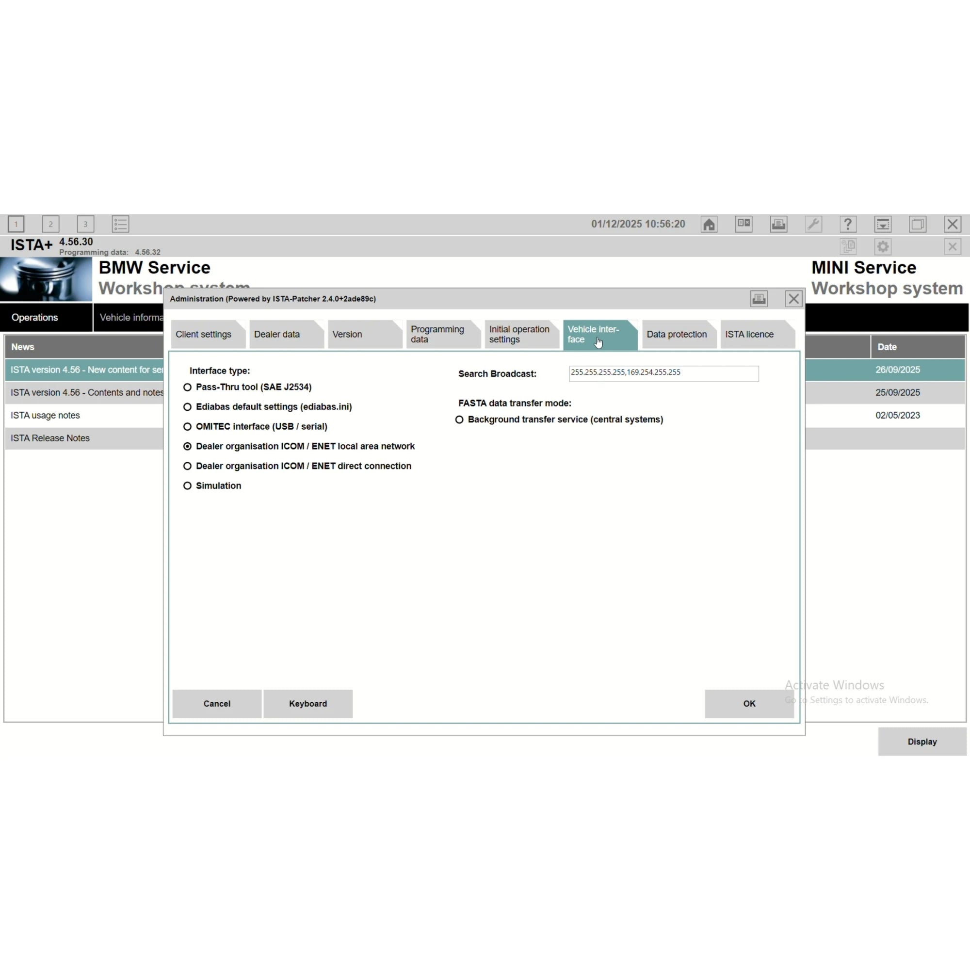 ProDiagTools ISTA+ Rheingold 4.56.30 automotive diagnostic software interface showing BMW and MINI service options