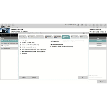 ProDiagTools ISTA+ Rheingold 4.56.30 automotive diagnostic software interface showing BMW and MINI service options