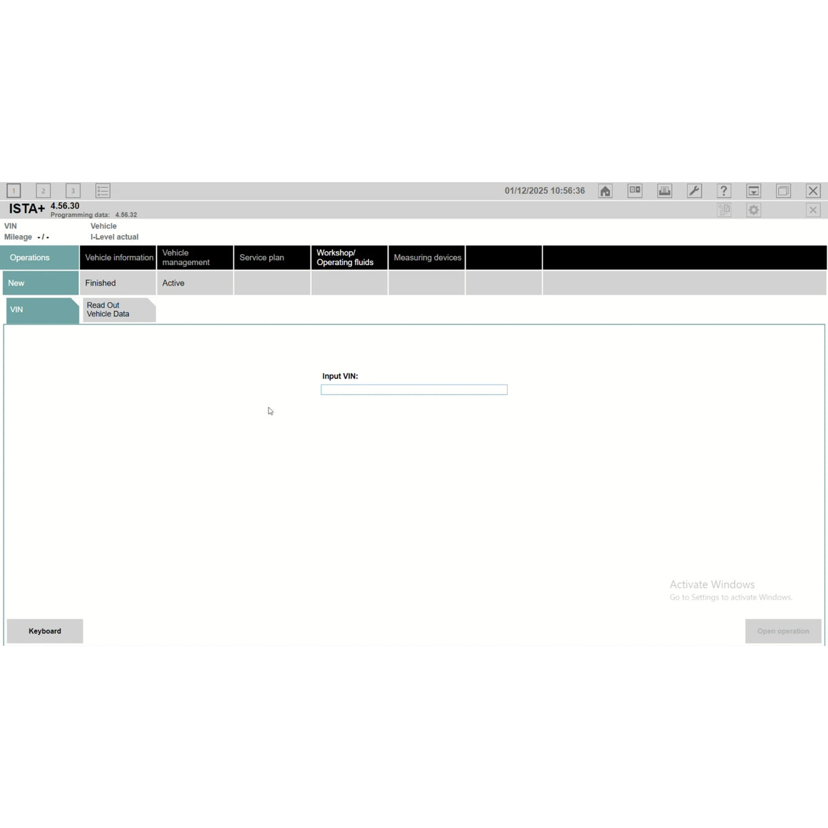 ProDiagTools ISTA+ Rheingold 4.56.30 automotive diagnostic software interface showing VIN input screen