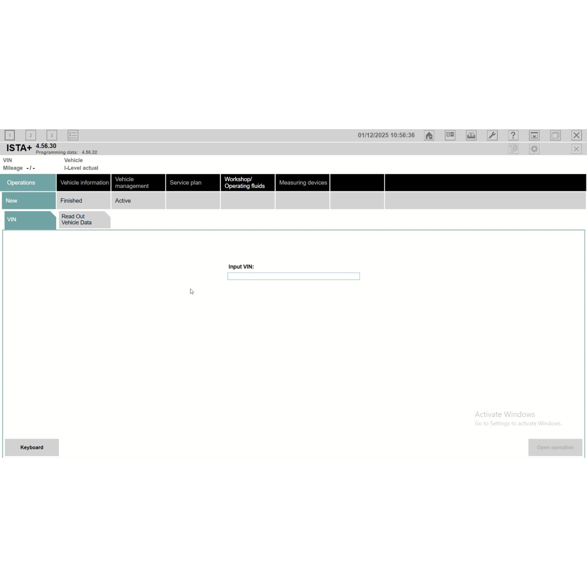 ProDiagTools ISTA+ Rheingold 4.56.30 automotive diagnostic software interface showing VIN input screen