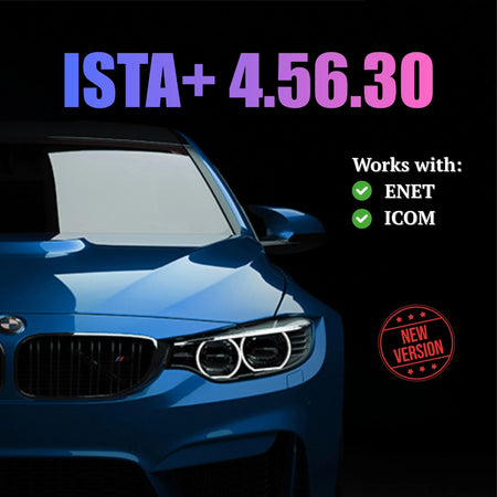 ProDiagTools ISTA+ Rheingold 4.56.30 automotive diagnostic software shown with blue car front and compatibility for ENET and ICOM
