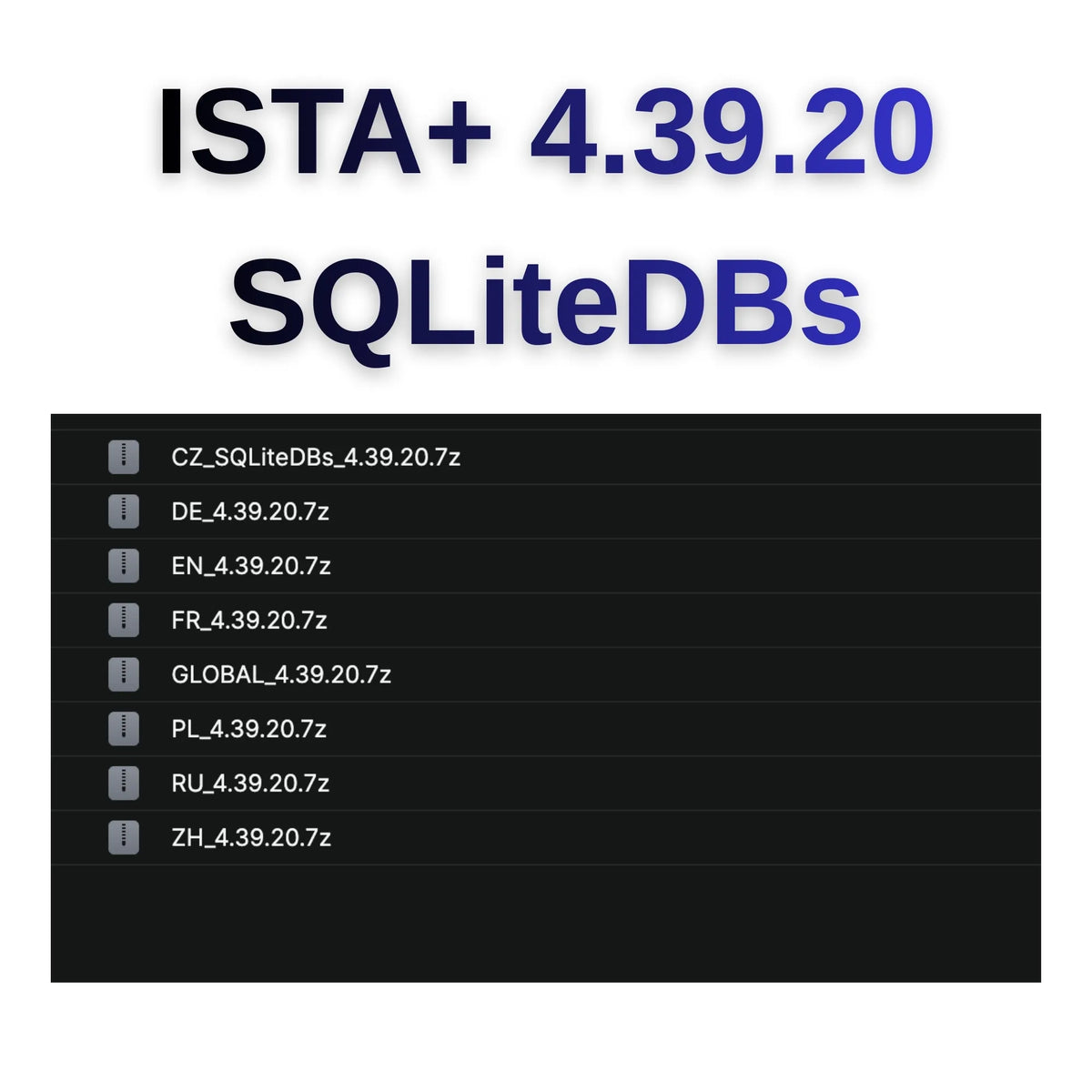ISTA+ 4.39.20 SQLite DBs language pack file list showing CZ, DE, EN, FR, PL, RU and ZH databases for ISTA-D