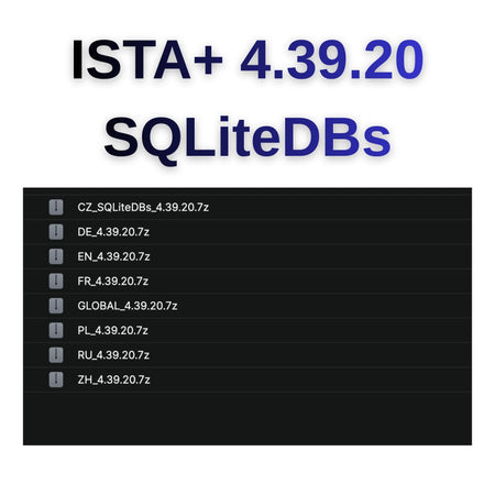 ISTA+ 4.39.20 SQLite DBs language pack file list showing CZ, DE, EN, FR, PL, RU and ZH databases for ISTA-D