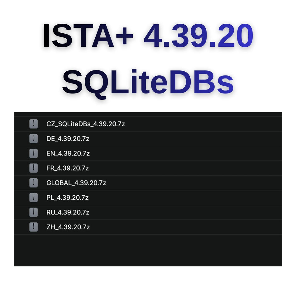 ISTA+ 4.39.20 SQLite DBs language pack file list showing CZ, DE, EN, FR, PL, RU and ZH databases for ISTA-D