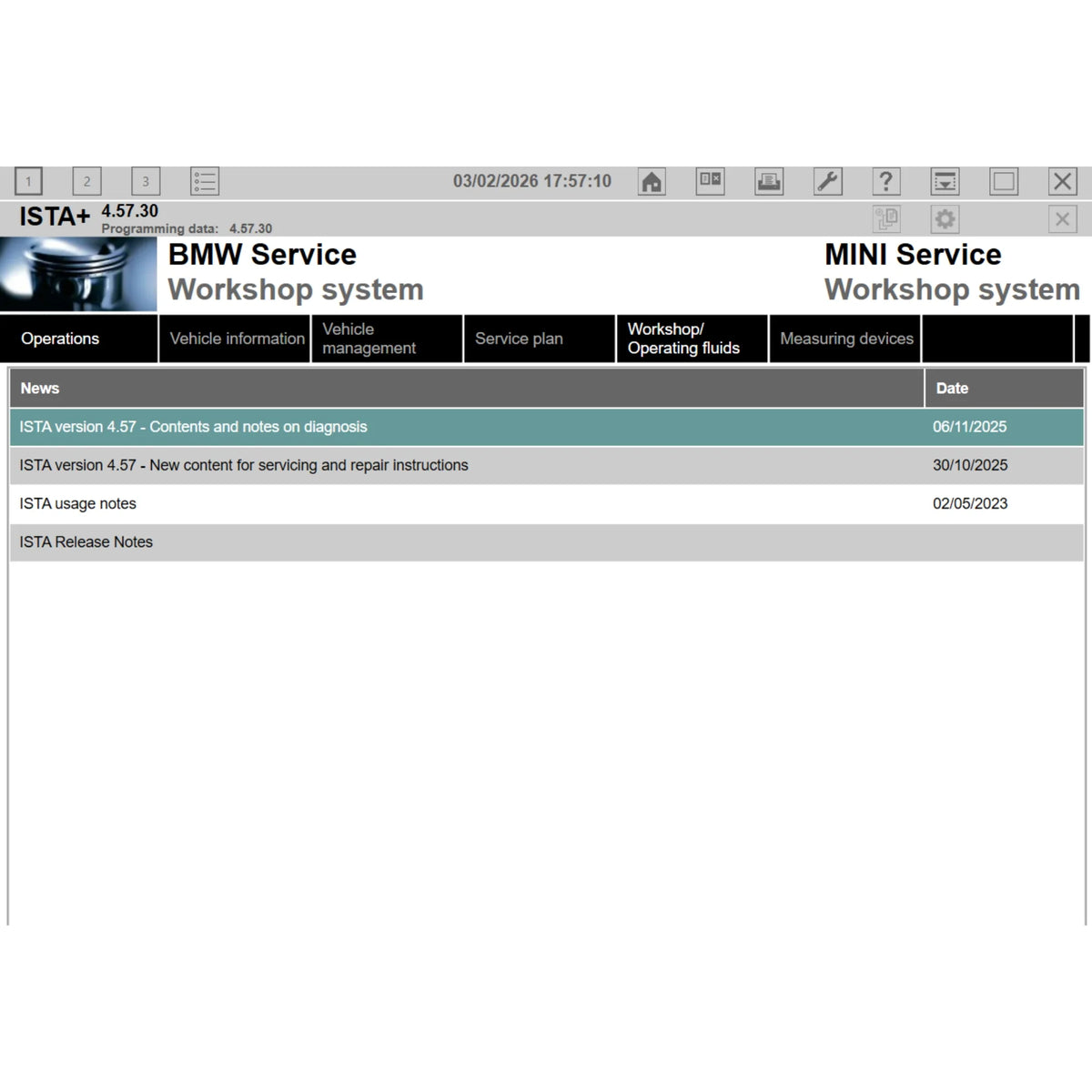 ISTA+ 4.57.30 BMW and MINI Service Workshop System screenshot showing ISTA news, release notes and diagnostic content updates menu in the Operations tab