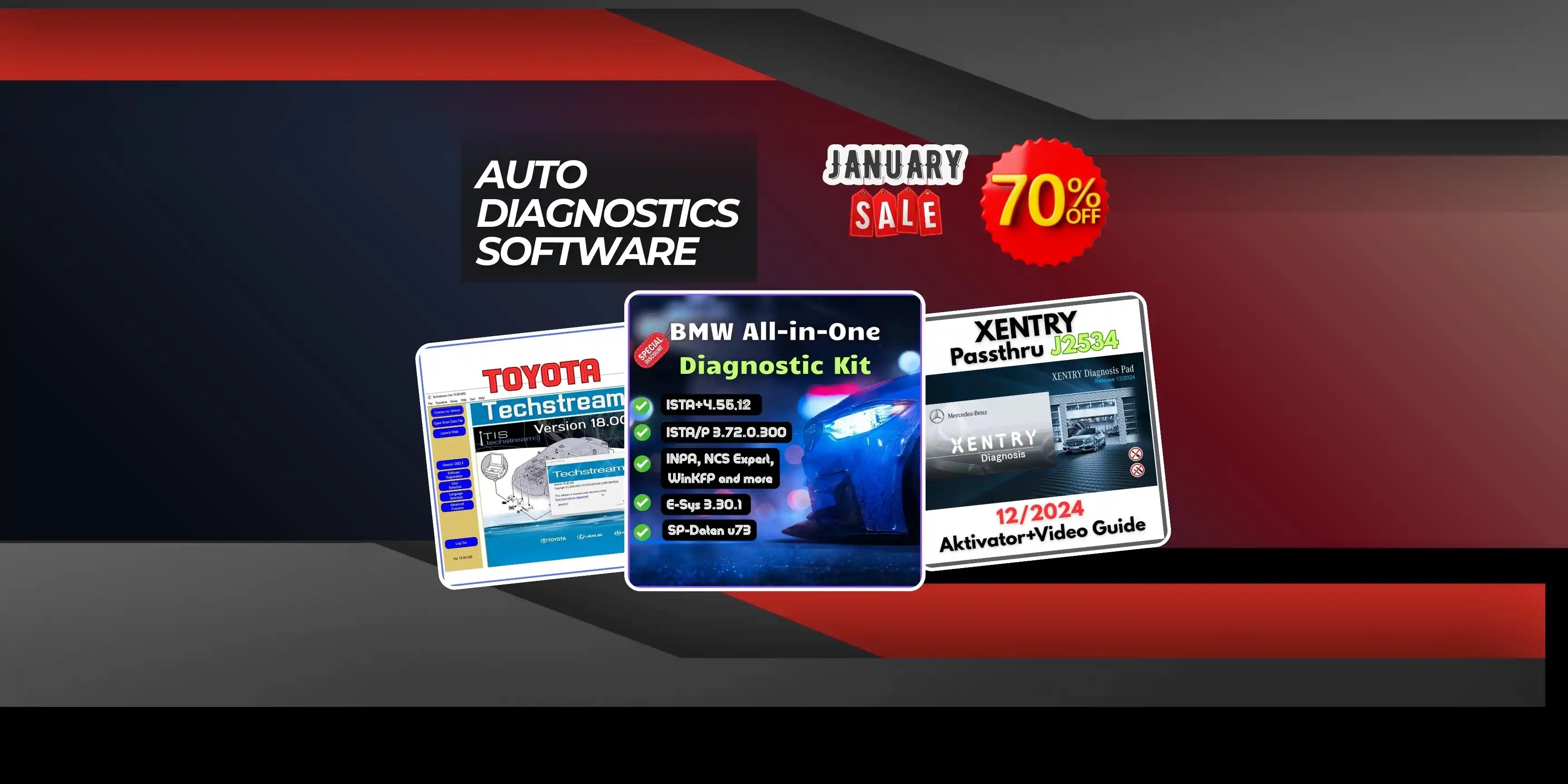 January sale banner for auto diagnostic software with 70% off, showing Toyota Techstream, BMW all-in-one diagnostic kit, and Xentry Passthru J2534