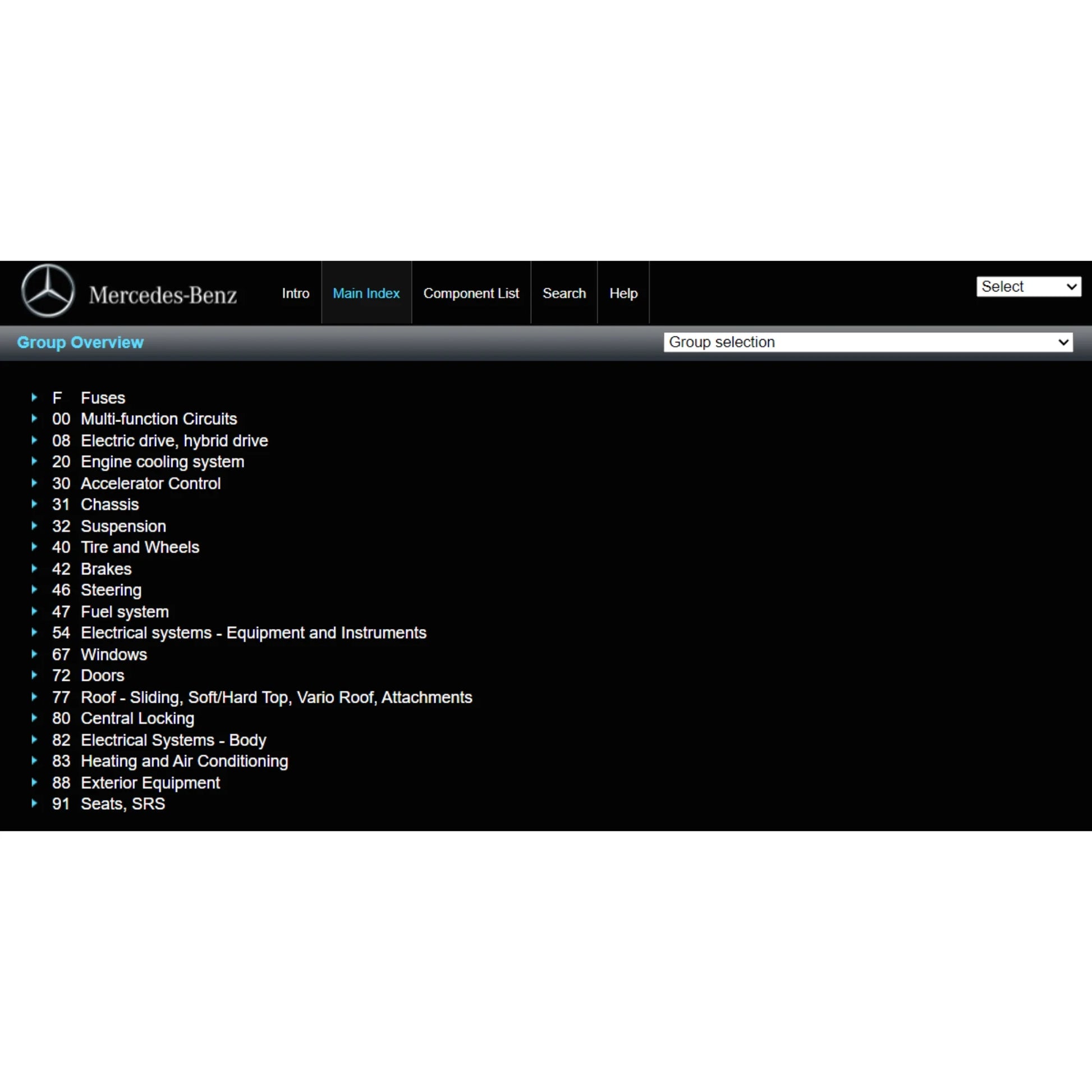 ProDiagTools automotive diagnostic software showing Mercedes-Benz StarFinder 2024 group overview and menu