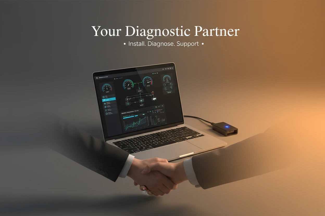 Laptop with diagnostic software on a dark background, symbolizing a diagnostic partner.