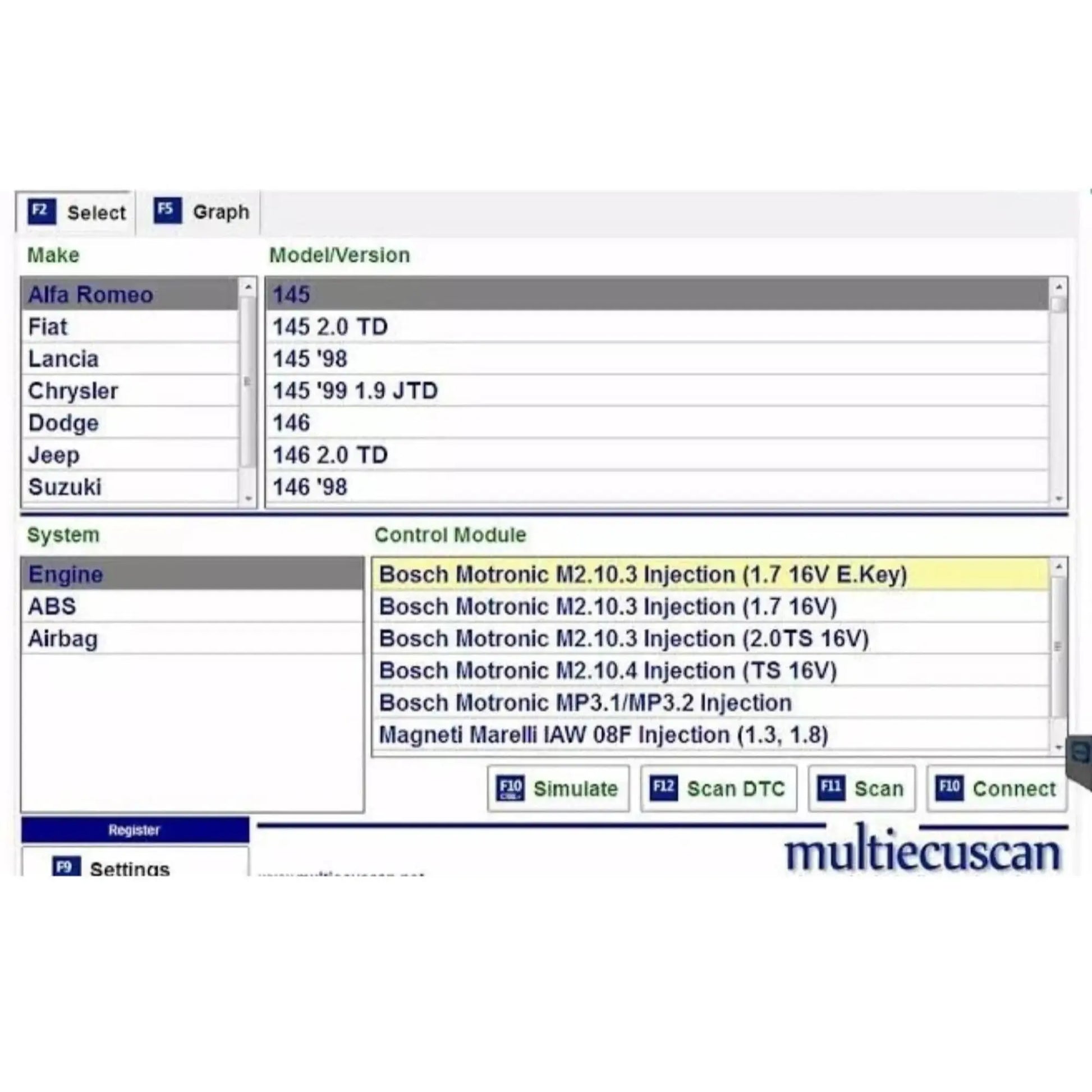 Multiecuscan 5.1 diagnostic software interface displaying vehicle makes and engine control modules by ProDiagTools