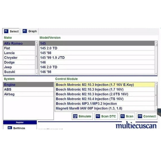 Multiecuscan 5.1 diagnostic software interface displaying vehicle makes and engine control modules by ProDiagTools