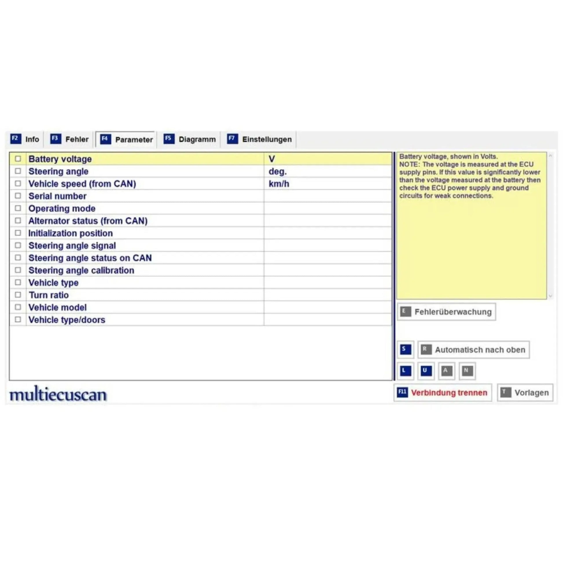 Multiecuscan 5.1 diagnostic software interface showing vehicle parameters and battery voltage data
