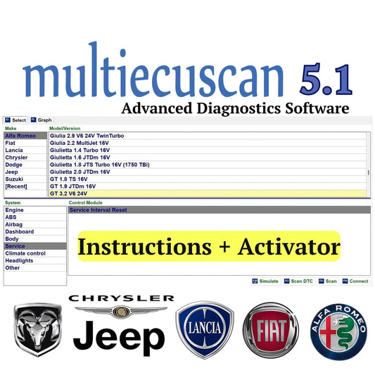 Multiecuscan 5.1 diagnostic software by ProDiagTools showing car diagnostics interface with logos of Chrysler Jeep Lancia Fiat Alfa Romeo