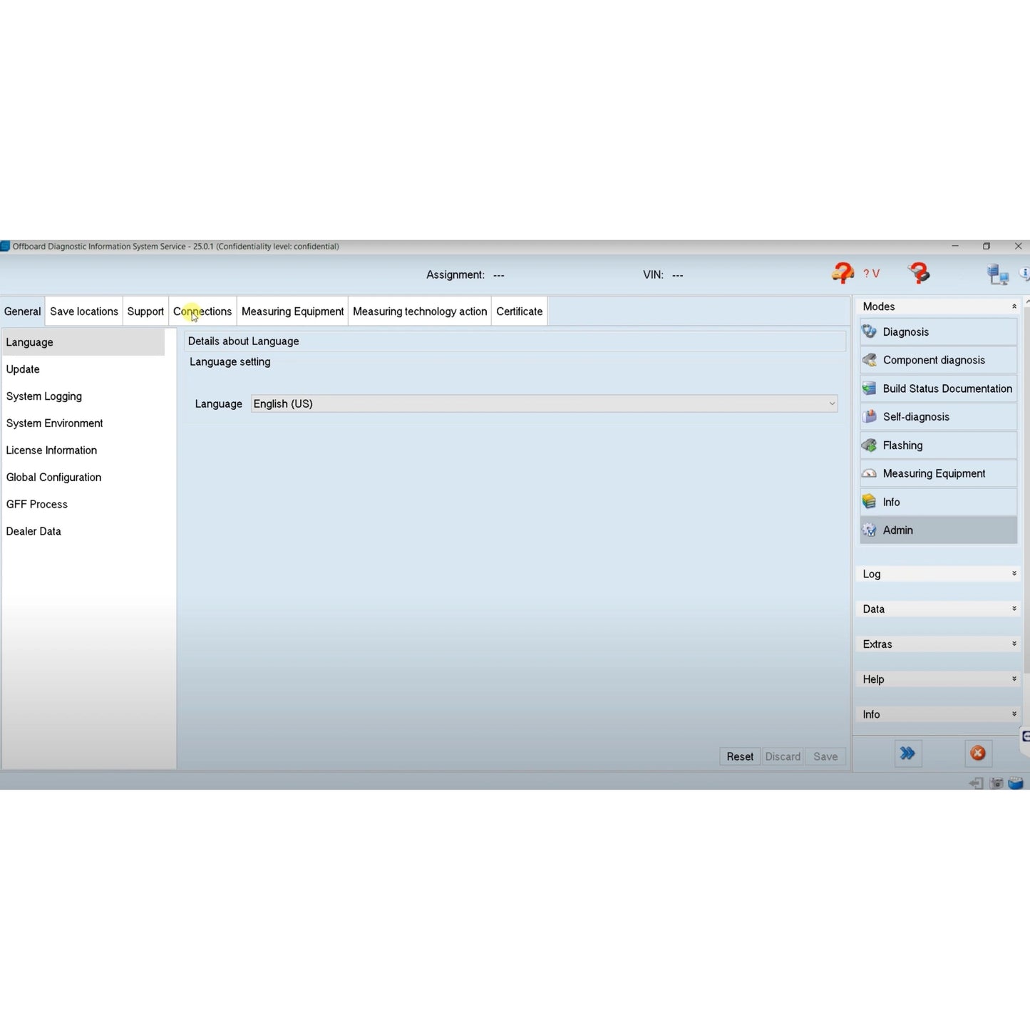ODIS 25 diagnostic software download interface by Prodiagtools showing language settings and diagnostic modes
