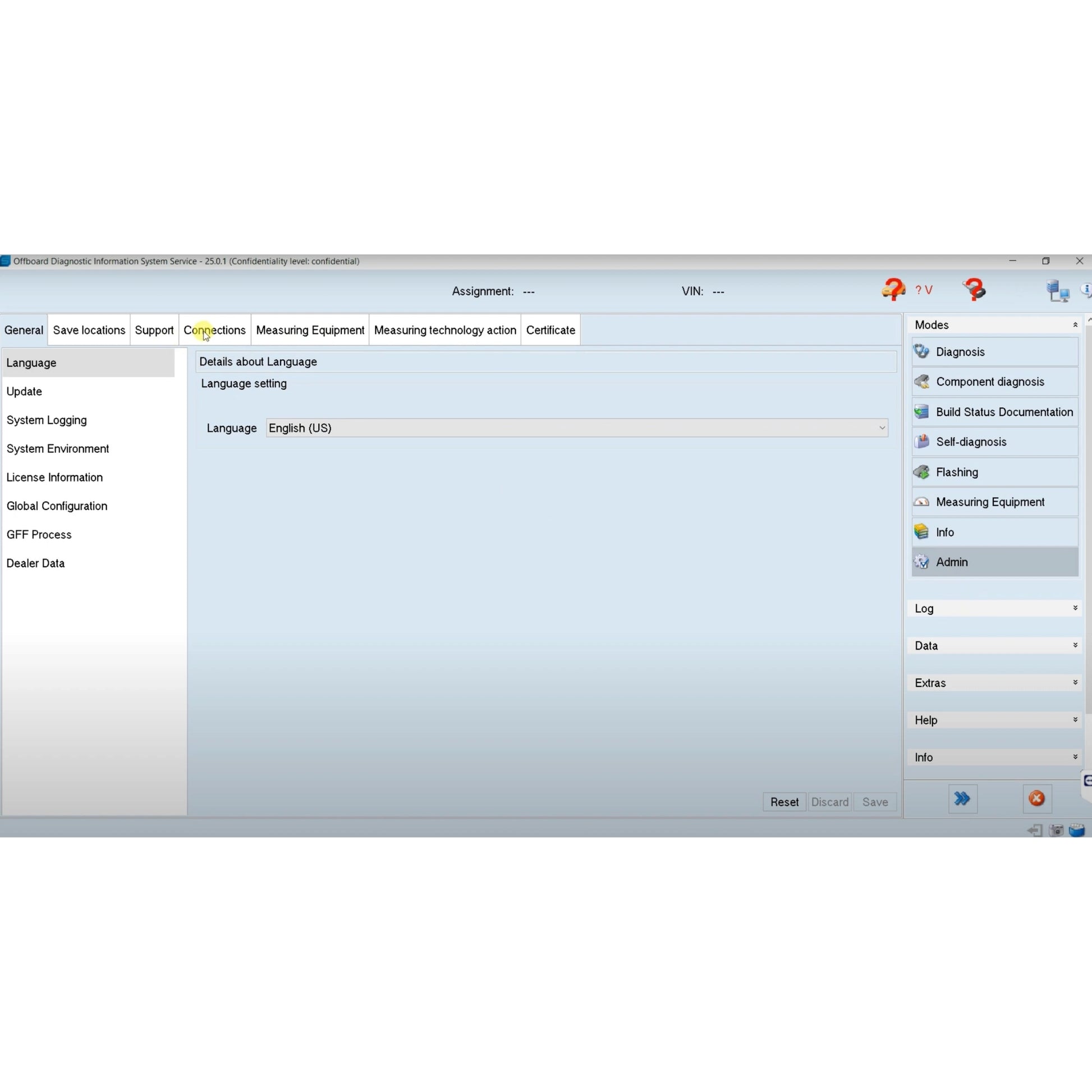 ODIS 25 diagnostic software download interface by Prodiagtools showing language settings and diagnostic modes