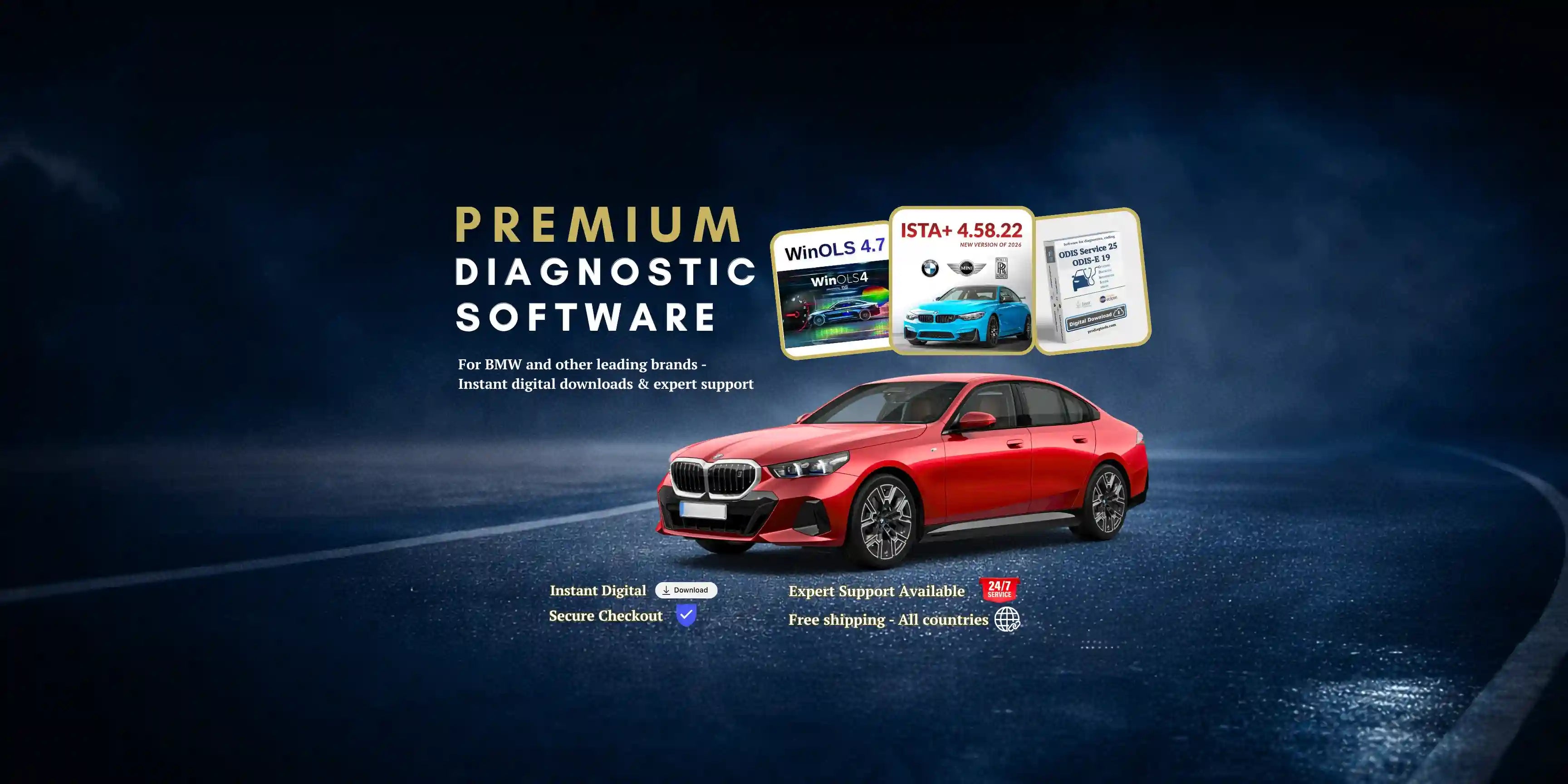 ProDiagTools premium automotive diagnostic software banner with BMW car and digital download solutions including ISTA+, ODIS, WinOLS, and other vehicle diagnostic tools