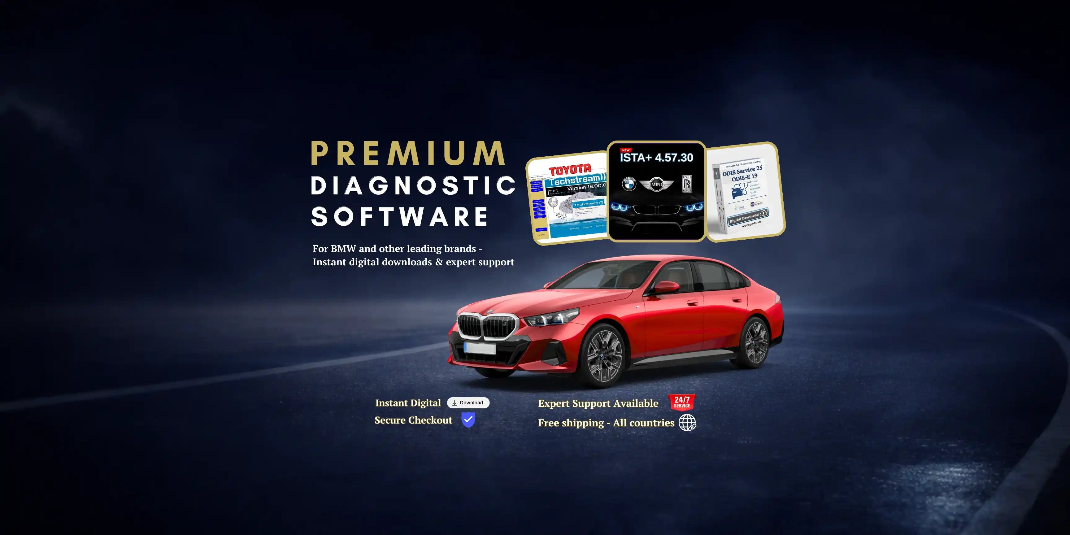 ProDiagTools premium auto diagnostic software banner with BMW vehicle, ISTA+, Toyota Techstream and ODIS digital download solutions