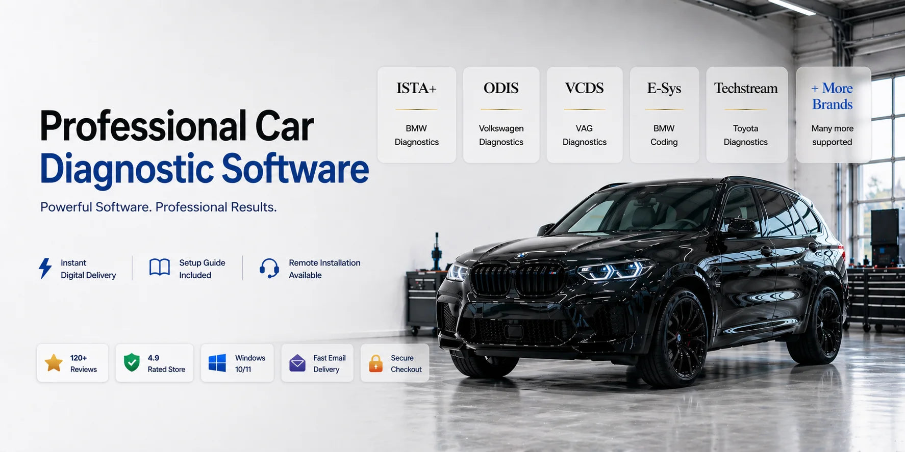 Professional car diagnostic software banner with BMW SUV, ISTA+, ODIS, VCDS, E-Sys, Techstream tools, instant digital delivery and remote installation support.