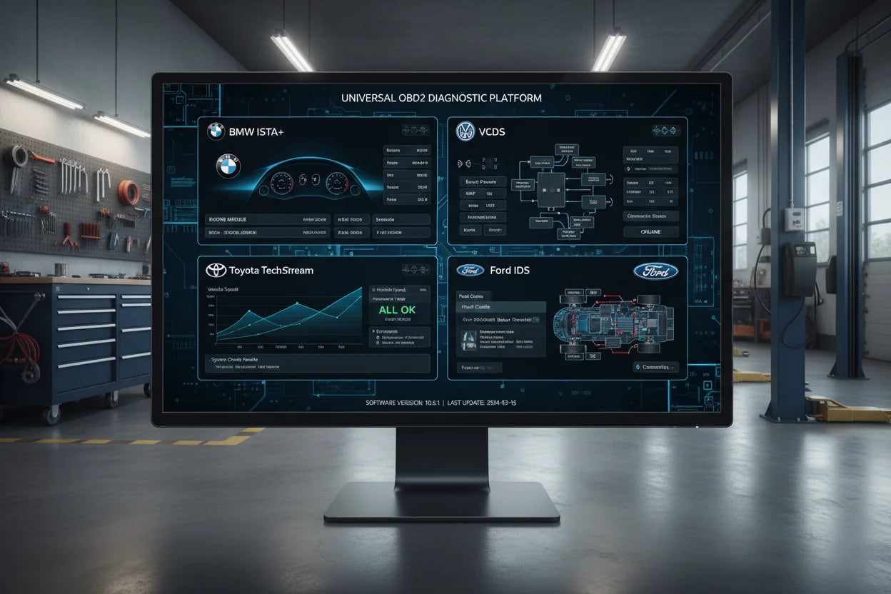 Computer monitor displaying diagnostic software in a workshop setting