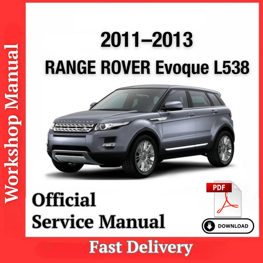ProDiagTools Range Rover Evoque L538 workshop manual PDF cover with 2011-2013 grey SUV image and download icon