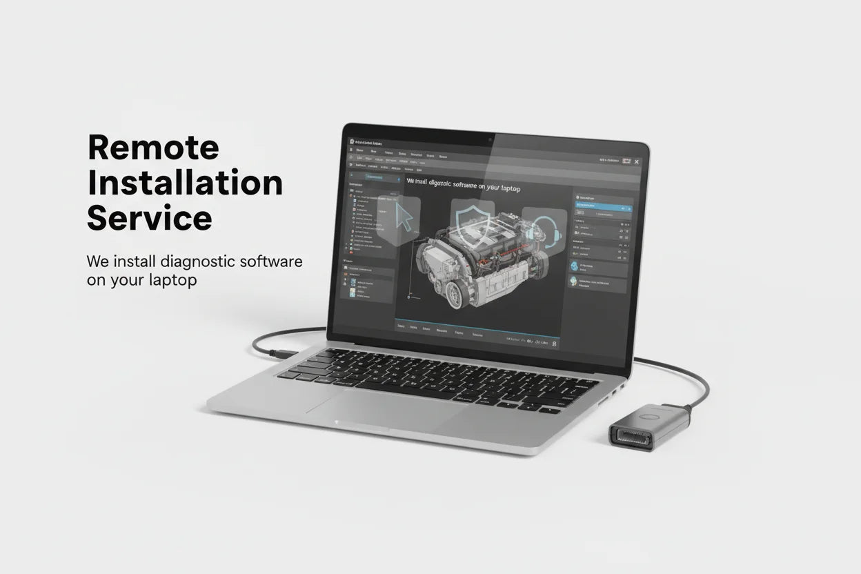 Laptop with diagnostic software on screen connected to a device, with text about remote installation service.