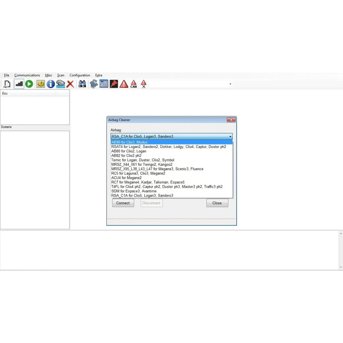 Renolink 2.11 airbag cleaner function Renault Dacia ECU airbag reset tool interface