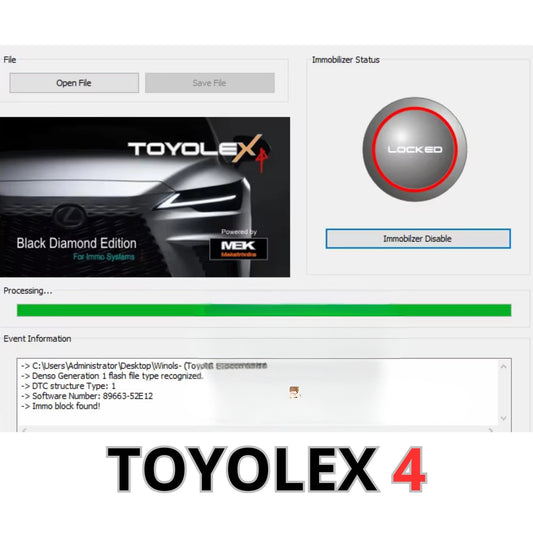 ProDiagTools immo off tool for Toyota Lexus software interface showing immobilizer status and processing progress