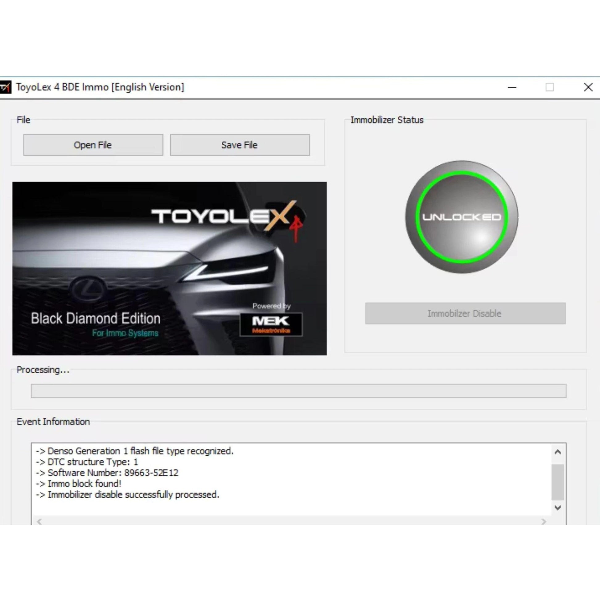 ProDiagTools immo off tool for Toyota Lexus software interface showing immobilizer unlocked status