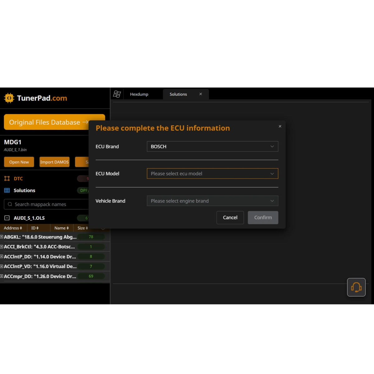 ProDiagTools DTC Remover 2024 interface showing ECU brand and model selection for automotive diagnostics