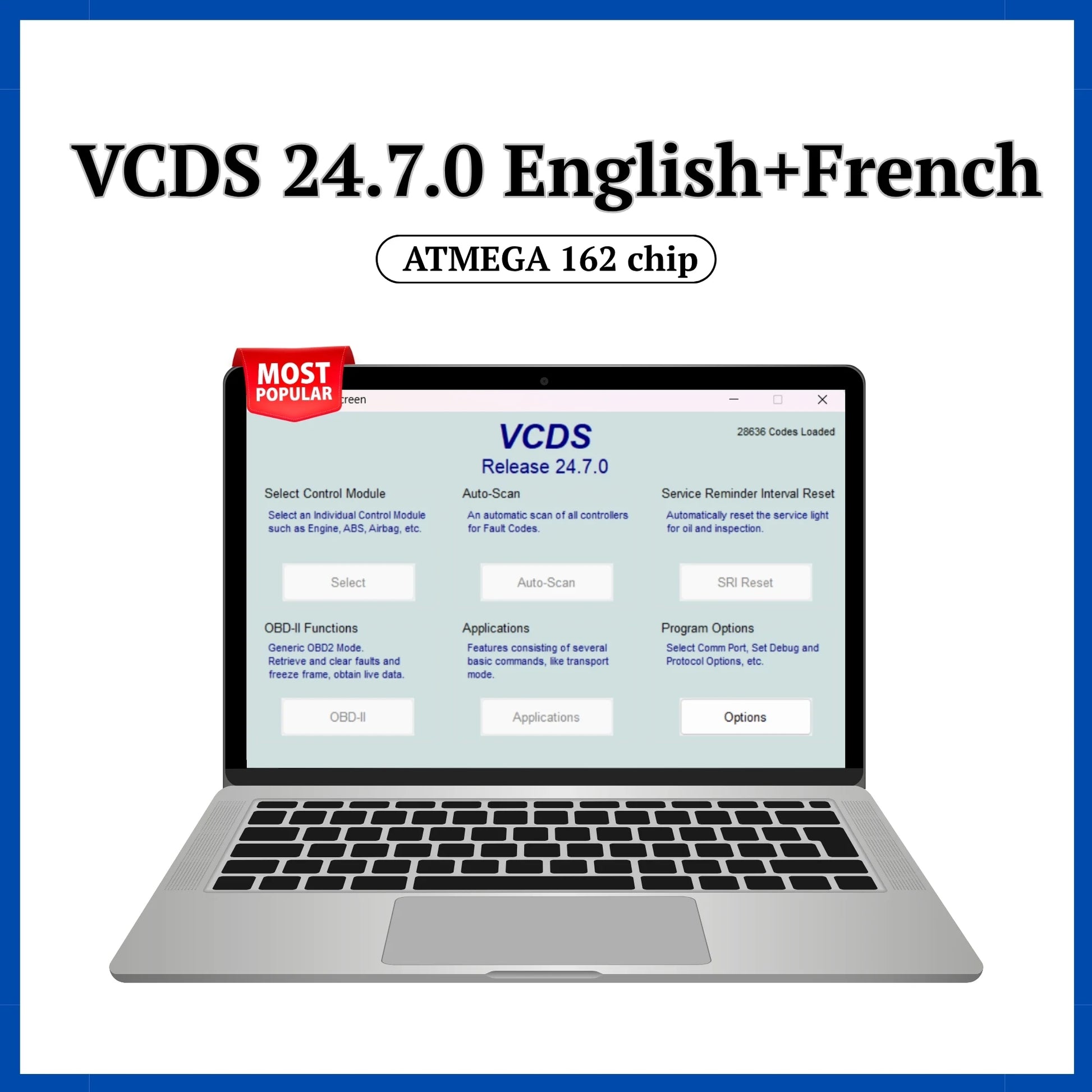 ProDiagTools VCDS 24.7.0 software displayed on laptop screen ATMEGA162 compatible car diagnostic tool