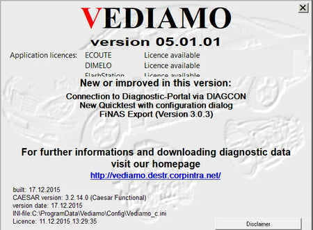 Vediamo 5.01 version information screen showing available application licenses for Ecoute, Dimelo and Flash Station modules