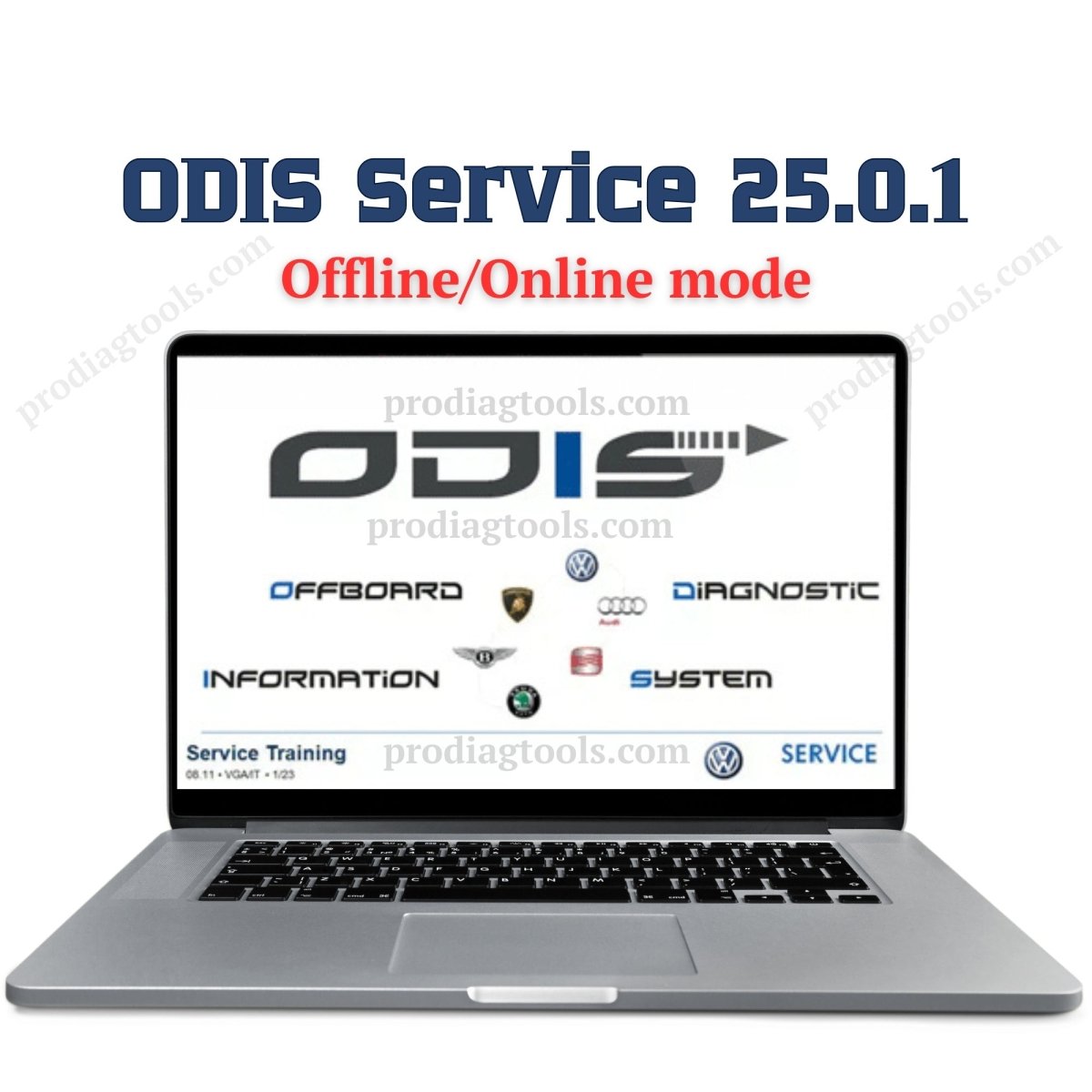ProDiagTools VW Audi diagnostic software showing ODIS Service 25.0.1 on laptop screen with offline and online modes