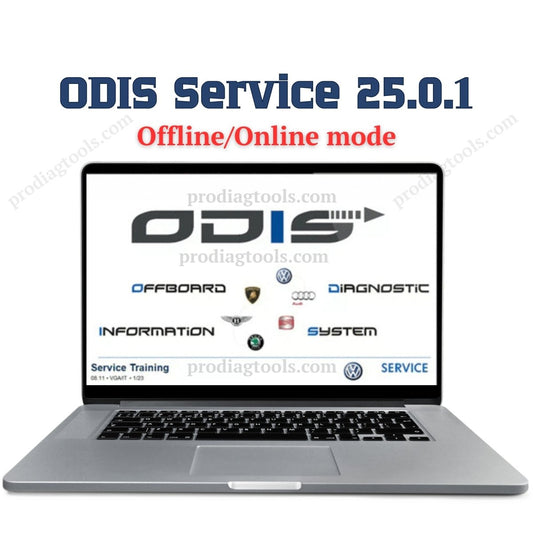 ProDiagTools VW Audi diagnostic software showing ODIS Service 25.0.1 on laptop screen with offline and online modes
