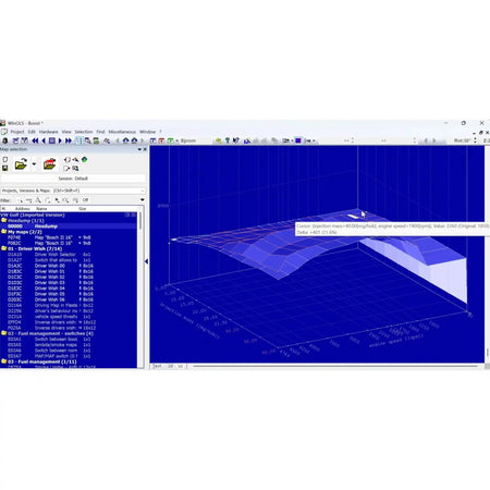 WinOLS 4.7 3D boost map editing interface for ECU tuning showing fuel injection and turbo boost optimization in chiptuning software