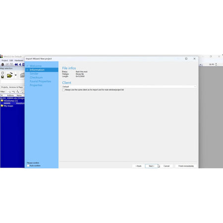 WinOLS 4.7 import wizard screen showing ECU BIN file loading and project setup for ECU tuning and map editing