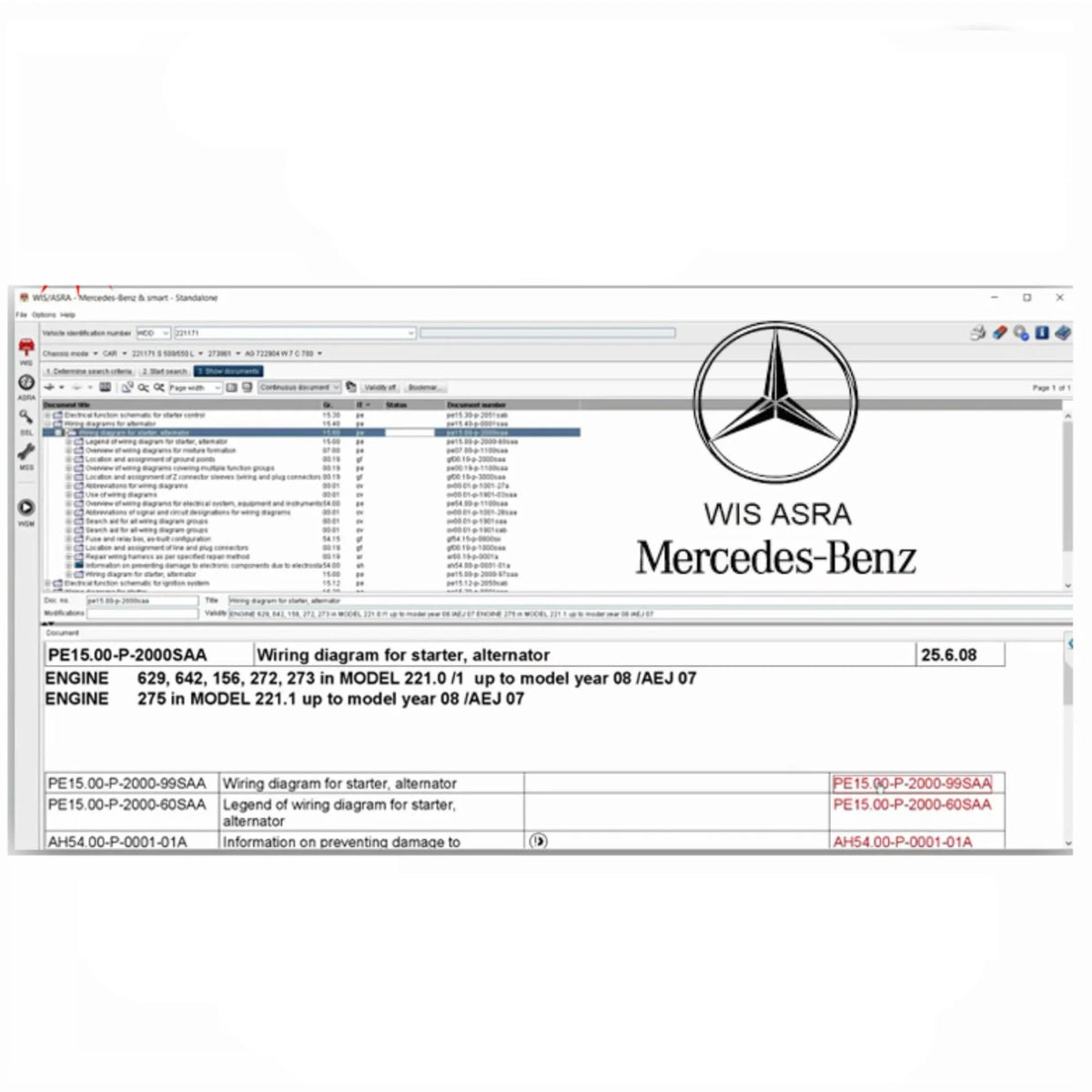 ProDiagTools automotive diagnostic software interface showing WIS ASRA Standalone system for Mercedes-Benz wiring diagrams