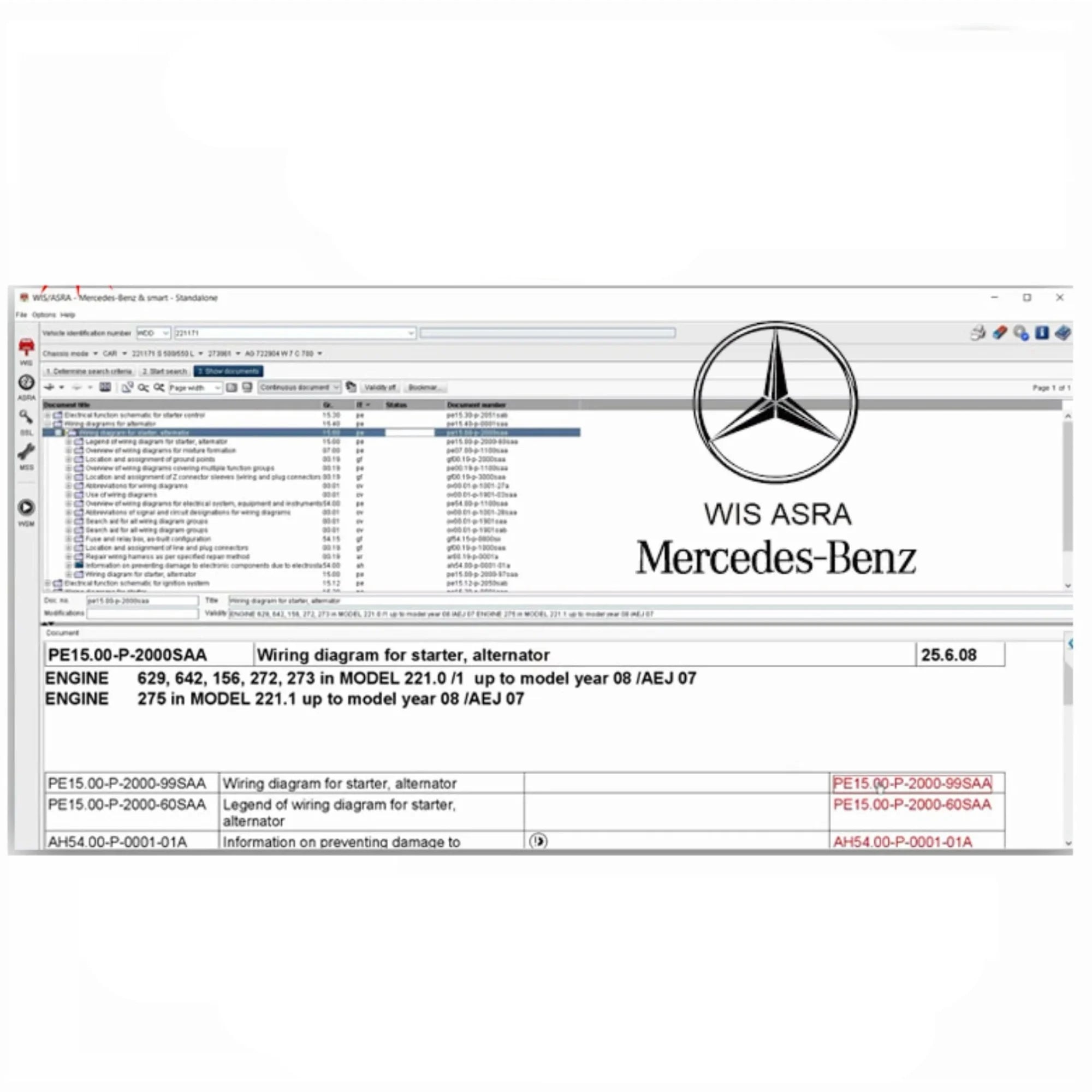 ProDiagTools automotive diagnostic software interface showing WIS ASRA Standalone system for Mercedes-Benz wiring diagrams