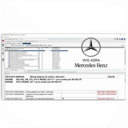 ProDiagTools automotive diagnostic software interface showing WIS ASRA Standalone system for Mercedes-Benz wiring diagrams